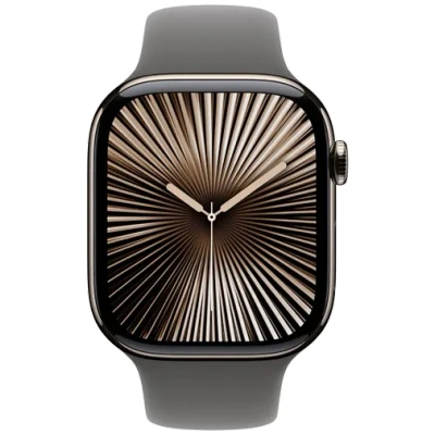 Abbildung von Apple Watch Series 10 (GPS + Cellular 46 mm) Smartwatch mit Titangehäuse in Natur und Sportarmband Steingrau (S/M). Fitnesstracker, EKG App, Always On Retina Display, Wasserschutz