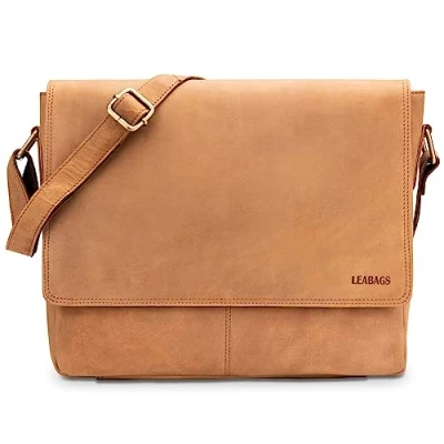 Abbildung von LEABAGS Leder Umhängetasche Herren &amp; Damen I Echtleder Laptoptasche bis 14 Zoll Messenger Bag mit Schultergurt Schultertasche Arbeitstasche Tragetasche Handtasche Nature Hellbraun