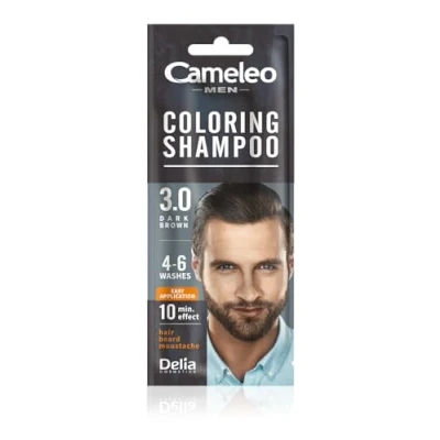 Abbildung von Cameleo Men Färbendes Shampoo Dunkelbraun Haare, Bart, Schnurrbart Erfrischt Hält 4 bis 6 Haarwäschen Einfache und schnelle Anwendung Walnussextrakt 15 ml