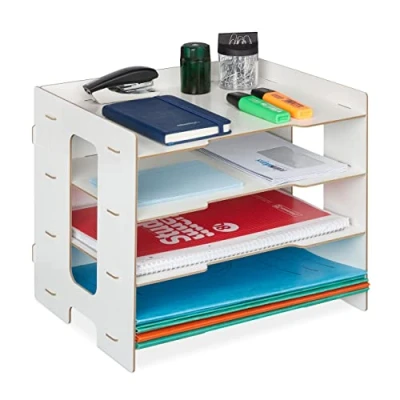 Abbildung von Relaxdays Briefablage, Büro Organizer aus MDF, A4 Papier, 3 Fächer, leichte Dokumentenablage HBT 27 x 32,5 25 cm, weiß