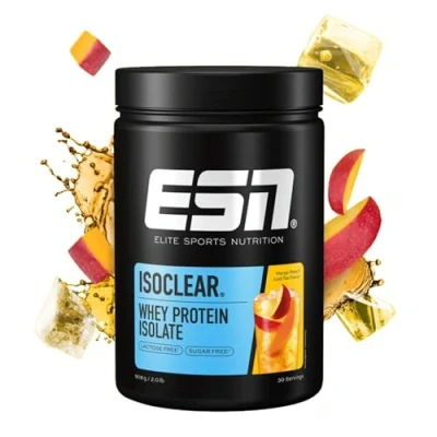 Abbildung von ESN ISOCLEAR Whey Isolate Protein Pulver, Mango Peach Iced Tea, 908 g, Proteinlimo mit fruchtig leckerem Geschmack, clear Whey, geprüfte Qualität made in Germany