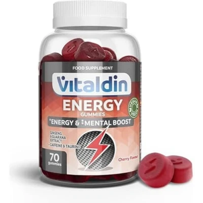 Abbildung von VITALDIN Energy Gummies 70 Energie Fruchtgummis mit Ginseng, Guarana, Koffein &amp; Taurin Verbessert die Konzentration, Erhöht Körperliche Geistige Leistungsfähigkeit Kirschgeschmack Vegan