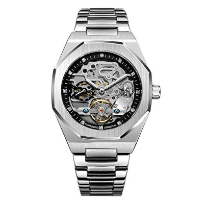 Abbildung von BOLYTE Armbanduhr Herren Analog Automatik Edelstahl Mechanische Skelett Männer Uhr Glas Rückseite, Silber, Schwarz