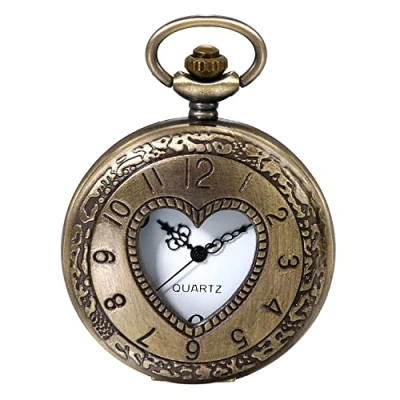 Abbildung von JewelryWe Taschenuhr Damen Herren Retro Vintage Herz Analog Quarz Uhr mit Kette Umhängeuhr Pocket Watch Muttertagsgeschenk Bronze
