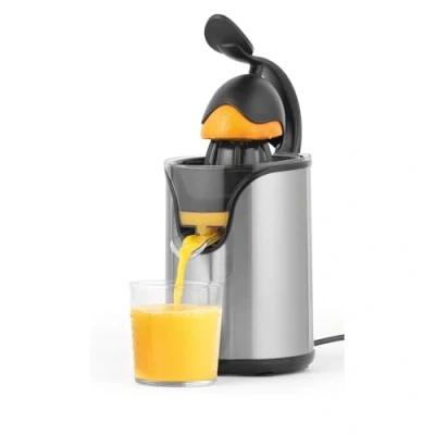 Abbildung von Petra PT5026VDEEU7 Elektrische Zitruspresse Orangenpresse mit Hebelarm, BPA frei Zitronenpresse 2 Presskegel, tropffrei obstpresse fur frische Fruchtsäfte, Edelstahl Entsafter 100W