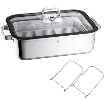 Abbildung von WMF Vitalis Aroma Dampfgarer, Bräter Induktion, 41x27x10 cm, Auflaufform 6,5l, Glasdeckel Silikonrand, Dampfgarer für Backofen, Garthermometer, Garblech, Cromargan Edelstahl unbeschichtet