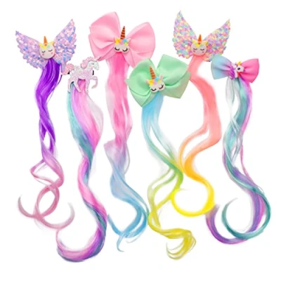 Abbildung von Locken Haarverlängerung Clips, 6Stück Little World Haarsträhnen Kinder Einhorn Bogen Prinzessin Haarspangen Mädchen Haarschmuck Bunte Haarsträhnen, Haarteile Party Ankleiden