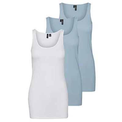 Abbildung von VERO MODA Damen VMMAXI My Soft Long Tank TOP GA 3P 10229554, Bright White/Blue Fog + Blue F, L