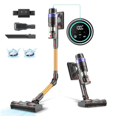 Abbildung von PRETTYCARE Akku Staubsauger, 45KPA/560W kabelloser Akkustaubsauger Super Leise mit LED Display/Anti Tangle Bürste, 60Min Auto Modus Stielsauger für Tierhaare, Teppiche und Hartböden V3