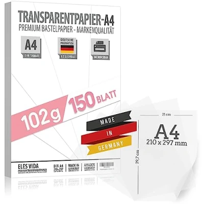 Abbildung von 150 Blatt Transparentpapier 102 g/m² A4 in 21 x 29,7 cm Pauspapier transparentes Bastelpapier Papier, Millimeterpapier Tintenstrahl &amp; Laserdrucker Tracing Paper aus Deutschland
