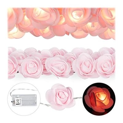 Abbildung von Relaxdays Rosen Lichterkette, 20er LED Lichterkette Batterie, Hochzeit, Verlobung &amp; Valentinstag, warmweiß, Deko, rosa