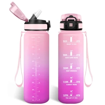 Abbildung von HoneyHolly Trinkflasche 1L mit Strohhalm, Kohlensäure Geeignet, Wasserflasche Sport Zeitmarkierungen, Auslaufsichere und BPA frei, Water Bottle für Fitnessstudio, Radfahren, Laufen