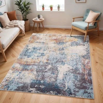 Abbildung von Surya Clearwater Wohnzimmer Teppich modern Abstrakt Design in Marmor Optik für 200x275 cm, Esszimmer, Schlafzimmer groß, weicher Kurzflor Blau und Elfenbein