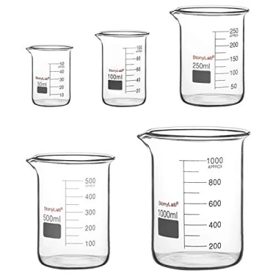 Abbildung von stonylab Labor Becherglas Set, Borosilikatglas Griffinbecher mit Graduierung in Niedriger Form 5 Größen, 50ml/100ml/250ml/500ml/1000ml (1L), Kombipackung