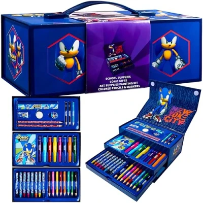 Abbildung von SONIC THE HEDGEHOG Bastelset Kinder mit Malstiften, Filzstiften, Wachsmalstiften Geschenke für Jungs