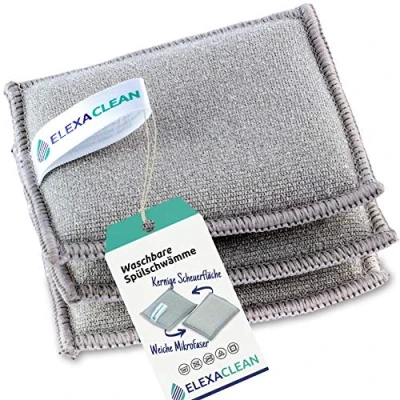 Abbildung von ELEXACLEAN Spülschwamm Topfreiniger Schwämme (3er Set, 10x8 cm, Grau) waschbar zum wiederverwenden, mit Mikrofaser