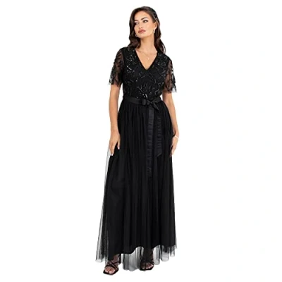 Abbildung von Maya Deluxe Damen Womens Maxi Dress Ladies Ball Gown for Wedding Guest Embellished Tie Waist V Neck Bridesmaid Prom Evening Occasion Kleid, Black,