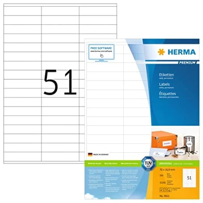 Abbildung von HERMA 4611 Universal Etiketten, 200 Blatt, 70 x 16,9 mm, 51 pro A4 Bogen, 10200 Stück, selbstklebend, bedruckbar, matt, blanko Papier Klebeetiketten Aufkleber, weiß