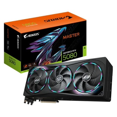 Abbildung von Gigabyte AORUS GeForce RTX 5080 Master 16G Grafikkarte 16GB GDDR7, 256 Bit, PCI E 5.0, 2805MHz Core Clock, 3 x DisplayPort, 1 HDMI, GV N5080AORUS M 16GD