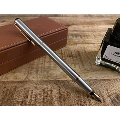 Abbildung von Jinhao Baoer 801 Luxus Füllfederhalter Schreibset aus Edelstahl Stift + 5 blaue Patronen ... (blaue Tintenpatronen, im Stil 801)