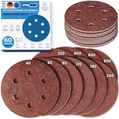 Abbildung von EffektWerk Schleifscheiben (60er Pack, 6 Löcher), 150 mm Schleifpapier mit mehreren Körnungen (40, 60, 80, 120, 180, 240, 320, 400, 600, 800)
