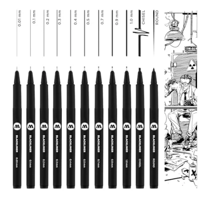Abbildung von Molotow Blackliner Complete 11er Set (Strichstärke 0,05 mm bis 1,0 mm, Keilspitze und Rundspitze, Fineliner mit permanenter, dokumentenechter Tinte) 11 Stück schwarz