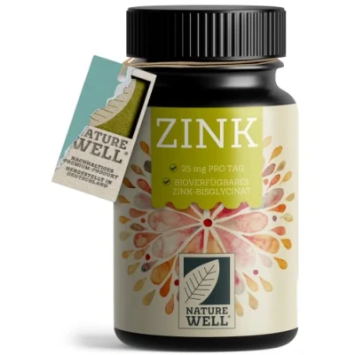 Abbildung von Zink 25mg 365 Tabletten (vegan) mit Bisglycinat (Zink Chelat) für höchste Bioverfügbarkeit laborgeprüft, hochdosiert, ohne unerwünschte Zusatzstoffe 1 Jahresvorrat NatureWell