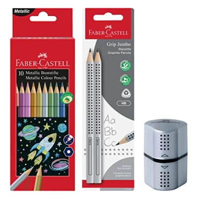 Abbildung von FABER CASTELL 205028 School Set mit Buntstifte metallic, Anspitzer und 2 Bleistifte Jumbo