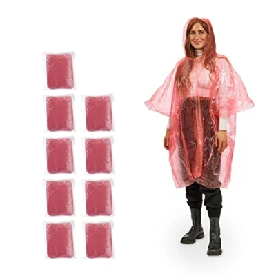 Abbildung von Relaxdays Regenponcho Einweg, 10er Set, Einmal Regencape mit Kapuze, für Erwachsene, Notfallponcho Damen &amp; Herren, rot