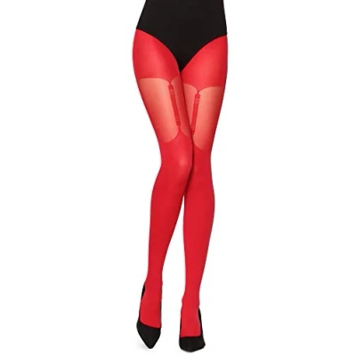 Abbildung von Merry Style Damen Strumpfhose mit Muster Strapsstrümpfe Optik 40 DEN MS 260(Rot, L (40 44))