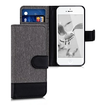 Abbildung von kwmobile Wallet Case kompatibel mit Apple iPhone SE (1.Gen 2016) / 5 5S Hülle Ständer Handyhülle Kartenfächer Grau Schwarz
