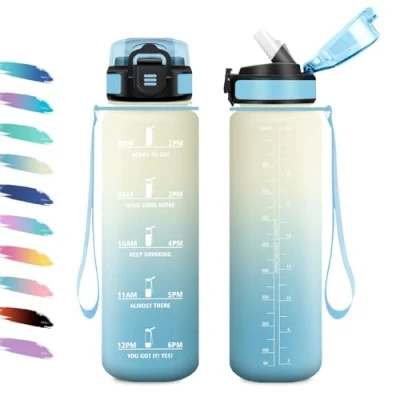 Abbildung von Trinkflasche Sport 1L, Sportflasche mit Strohhalm, Auslaufsicher, Wasserflasche Kohlensäure Geeignet, Motivierende Zeitmarkierung, Perfekt für Laufen, Camping, Radfahren, Wandern