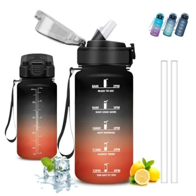 Abbildung von Trinkflasche Kinder, 500ml, Wasserflasche mit Strohhalm, Auslaufsicher, Kohlensäure Geeignet, Kann dir Tragen, Flasche Zeitmarkierung, für Schule, Camping
