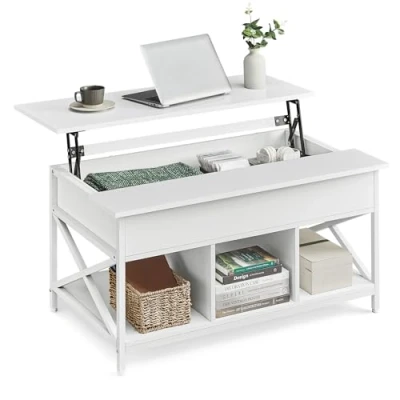 Abbildung von VASAGLE Couchtisch, höhenverstellbarer Wohnzimmertisch, Kaffeetisch, offener und versteckter Stauraum, x Streben, 60 100 (48 62) cm, schneeweiß weiß LCT205W46