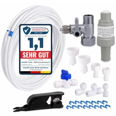 Abbildung von smardy ZO006 15m Wasserzulaufleitung Universal Anschluss Set mit Druckregler für Kühlschrank Side by Side, Kühlschrankschlauch 6,35mm (1/4&quot;)