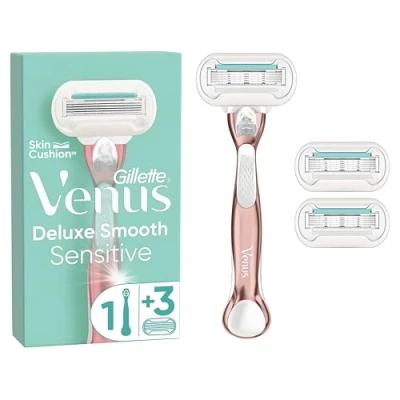 Abbildung von Gillette Venus Deluxe Smooth Sensitive Rosegold Rasierer Damen, Damenrasierer + 3 Rasierklingen mit 5 fach Klingen, diamantharter Beschichtung