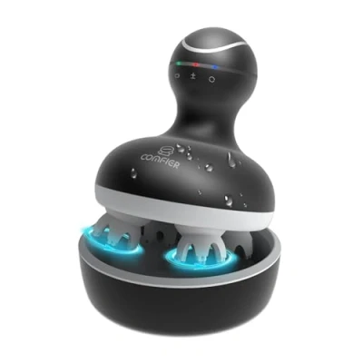 Abbildung von Comfier Elektrisches Kopfhaut Massagegerät, portables Kopfmassagegeräte wasserdicht, kabellos und wiederaufladbar, elektrischer Kopfkrauler mit 4 Knetmassageköpfe für Entspannung, Geschenke