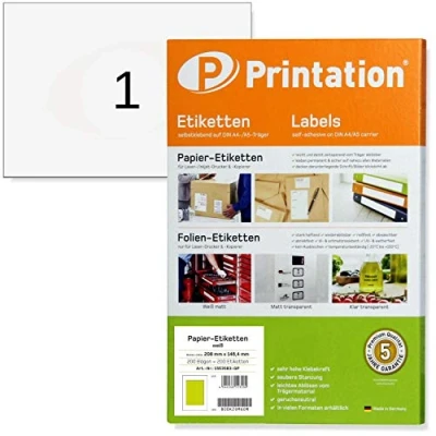 Abbildung von Printation Versandetiketten A5 210 x 148 mm 200 DIN Bogen mit jeweils einem Etikett 1x1 Adressetiketten selbstklebend weiß 210x148 DHL Etiketten Paket Aufkleber bedruckbar