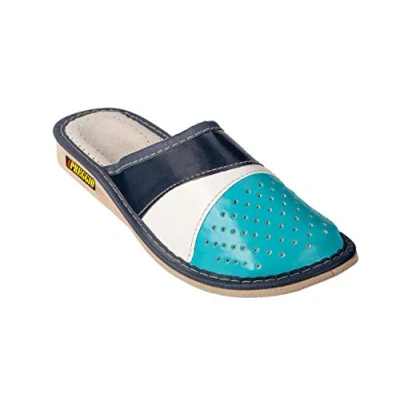 Abbildung von APREGGIO Hausschuhe Damen Leder 38 Größe Blau Pantoffeln Gummisohle