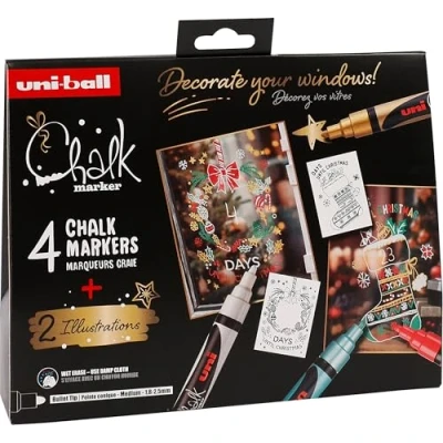 Abbildung von UNI Ball 186279 Kreidemarker Set Xmas trad, 4 Marker mit 2 Schablonen, CHALK MARKER, Kreidestifte für Fenster