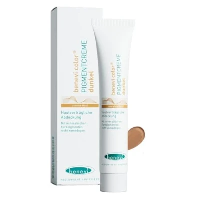 Abbildung von benevi Pigmentcreme 20 ml zum gezielten Abdecken von Rötungen, Pickeln, Unreinheiten oder als Make Up Ersatz. Kaschiert zuverlässig erweiterte und rote Äderchen bei Couperose &amp; Rosacea (dunkel)