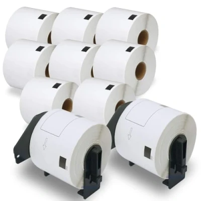 Abbildung von BETCKEY 10 Rollen DK 11202 Versandetiketten Kompatibel mit Brother, 62mm x 100mm, 3000 Etiketten für Brother QL Etikettendrucker (2 Wiederverwendbare Etikettenhalter)