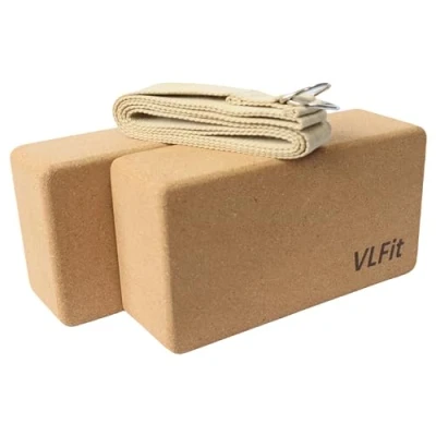 Abbildung von VLFit KORK Yogablock 2er Set mit Yogagurt aus 100% Baumwolle umweltfreundlicher ökologisch hergestellt Naturkork Blöcke &amp; Gurt
