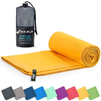 Abbildung von Fit Flip Mikrofaser Handtuch kompakte Microfaser Handtücher ideal als Sporthandtuch, Reisehandtuch, Strandtuch schnelltrocknend und leicht Badetuch groß (50x100cm, Gelb)