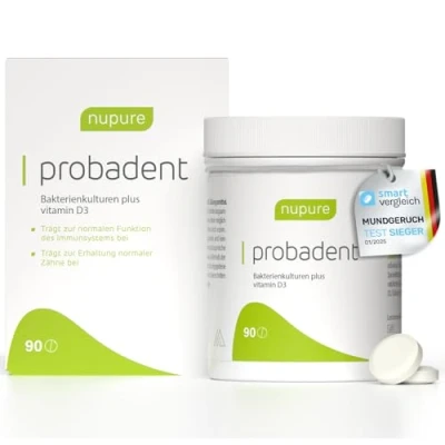 Abbildung von Nupure® Probadent Lutschtabletten gegen Mundgeruch mit Bakterienkulturen für die Mundflora 5 μg Vitamin D, bekämpfen, Zitronengeschmack, Mundhygiene ohne Mundwasser, 90 Kapseln