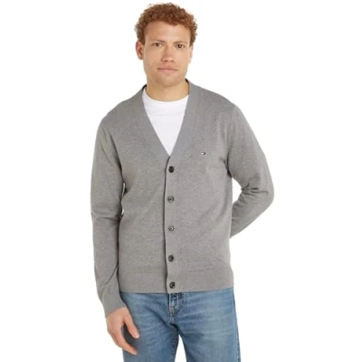 Abbildung von Tommy Hilfiger Herren Strickjacke Cardigan Essential Cotton mit Knopfleiste, Grau (Medium Grey Heather), S
