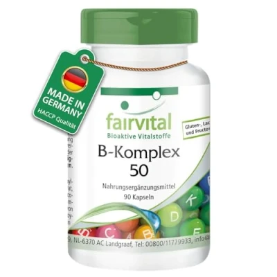 Abbildung von Fairvital Vitamin B Komplex 50 90 Kapseln 500µg B12 mit Vitaminen (B1, B2, B3, B5, B6, B7, B9, B12) HOCHDOSIERT VEGAN Cholin &amp; Inositol