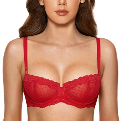 Abbildung von DOBREVA Balconette BH Damen mit Bügel Push Up Dirndl Spitze BHS Sexy Grosse Grössen Ungefüttert Lippenstift Rot 75D