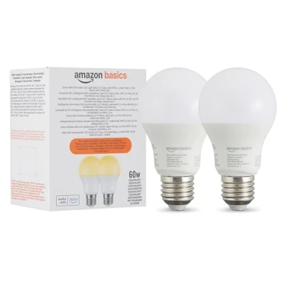Abbildung von Amazon Basics Intelligente A60 LED Leuchtmittel, dimmbar, E27 Sockel, sanftes Weiß, 2,4 GHz WLAN, 8.5 W, funktioniert nur mit Alexa, 2 Stück
