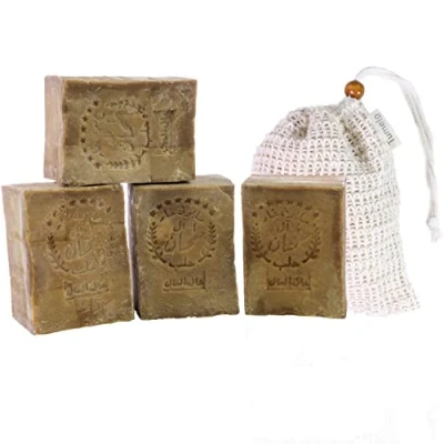 Abbildung von TUMELO Original Aleppo Seife 4 x 200g (800g) 80% Olivenöl 20% Lorbeeröl + Sisal Seifensäckchen, handgemachte Olivenölseife Naturseife